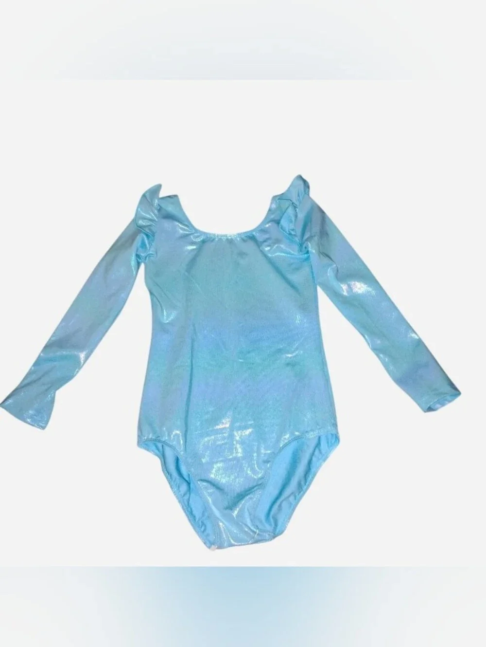 New NWT Girls Light Blue Metallic Shimmer Long Sleeve Leotard Ruffle Shoulder